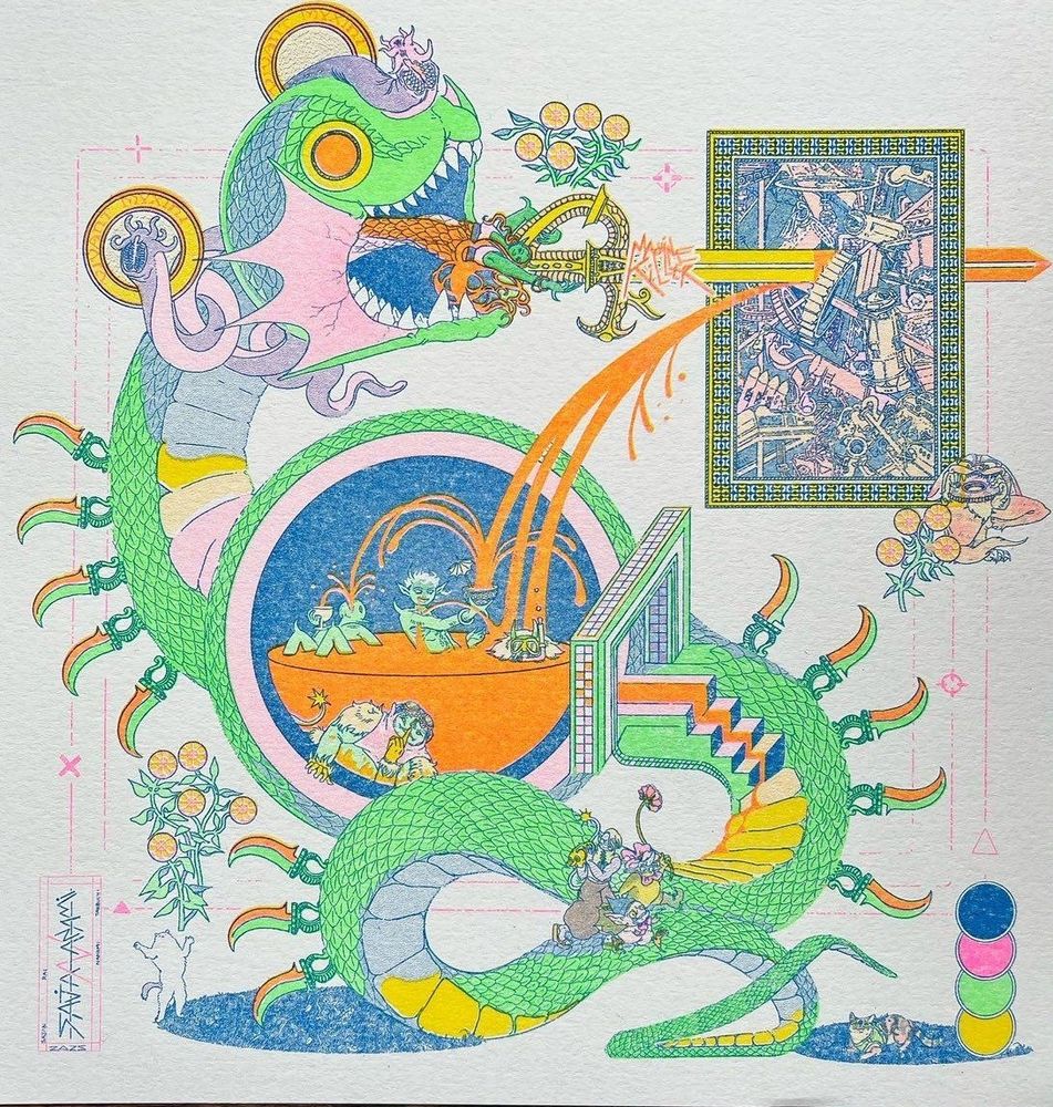 The same as original post but closer up, four color riso illustration of dragon stabbing machinery with sword 