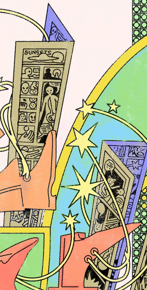 a commic called sunsets, UFO landing, some alien with a sword. Another coimc shows a cat and a bird communicating.