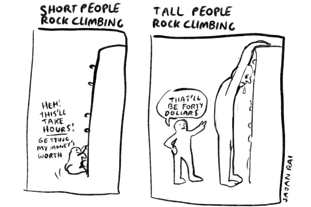 comic: 'short people rock climbing' shows a little person climbing and saying "heh! this'll take hours! getting my money's worth". A tall person rock-climbing reaches the top of the wall with their hands and is being charged forty dollars