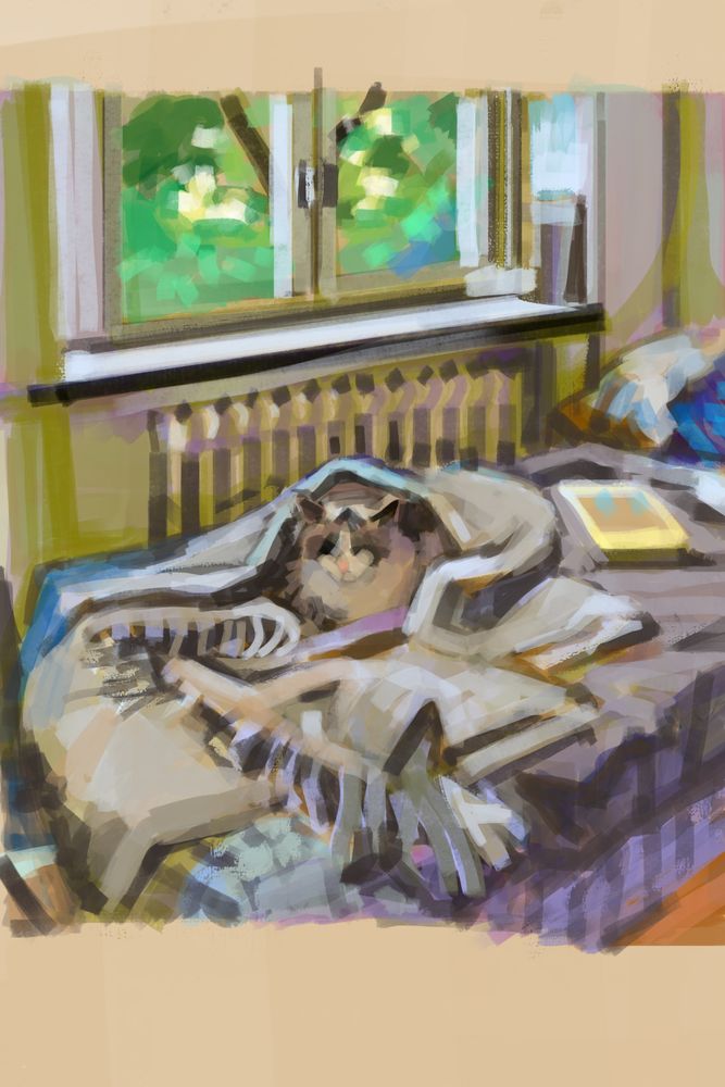 sketchy digital painting of a white ragdoll cat ensconced in a blanket, sunlight filtering in through a green tree outside