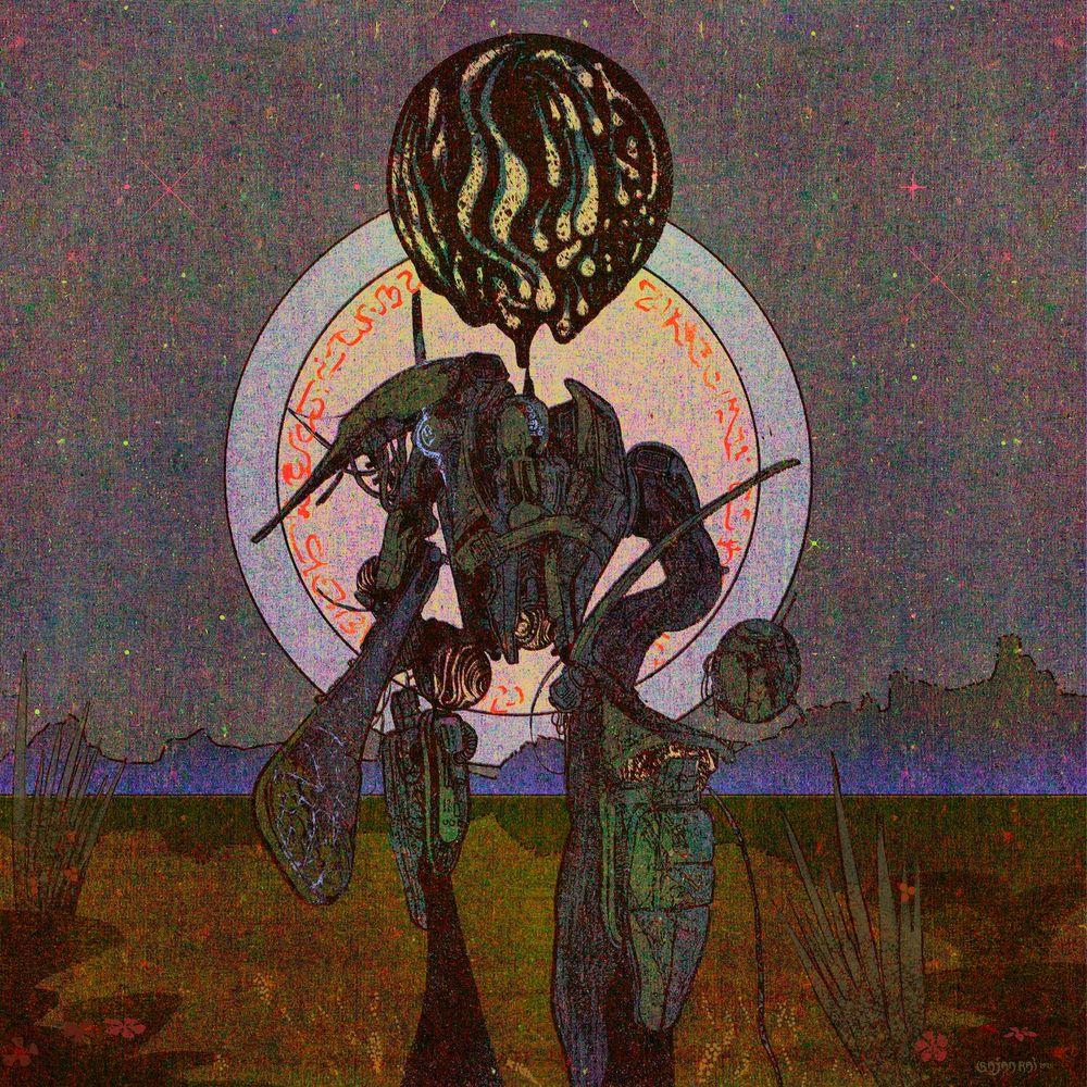illustration of robot in the desert, shrouded in the dark of knight. It is asymmetrical and its head is a strange oozing orb