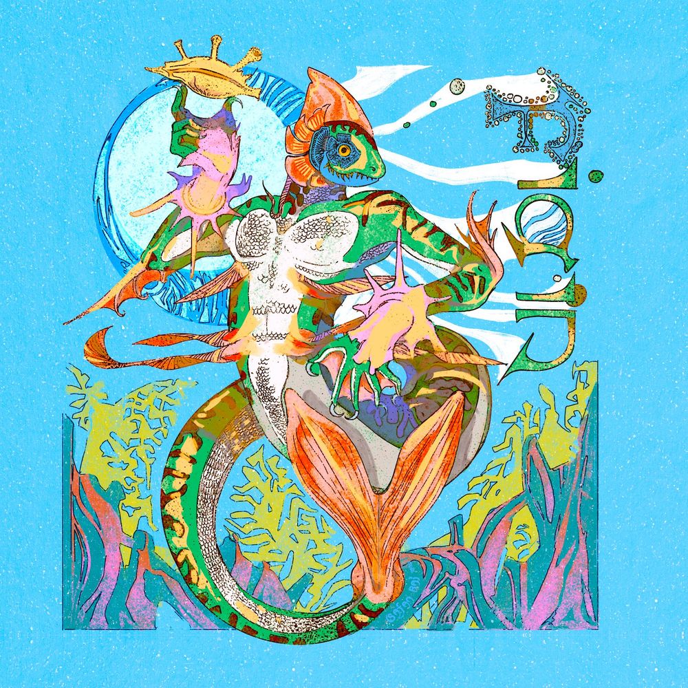 colourful illustration of a scaly humanoid sea monster, with a fish like head and a tail, holding a shell aloft - they have kelp gloves and are in a kelp forest