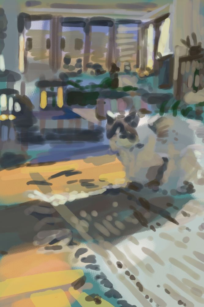 an even looser digital painting of a white ragdoll cat sitting in a large room in which sunlight beams in. 