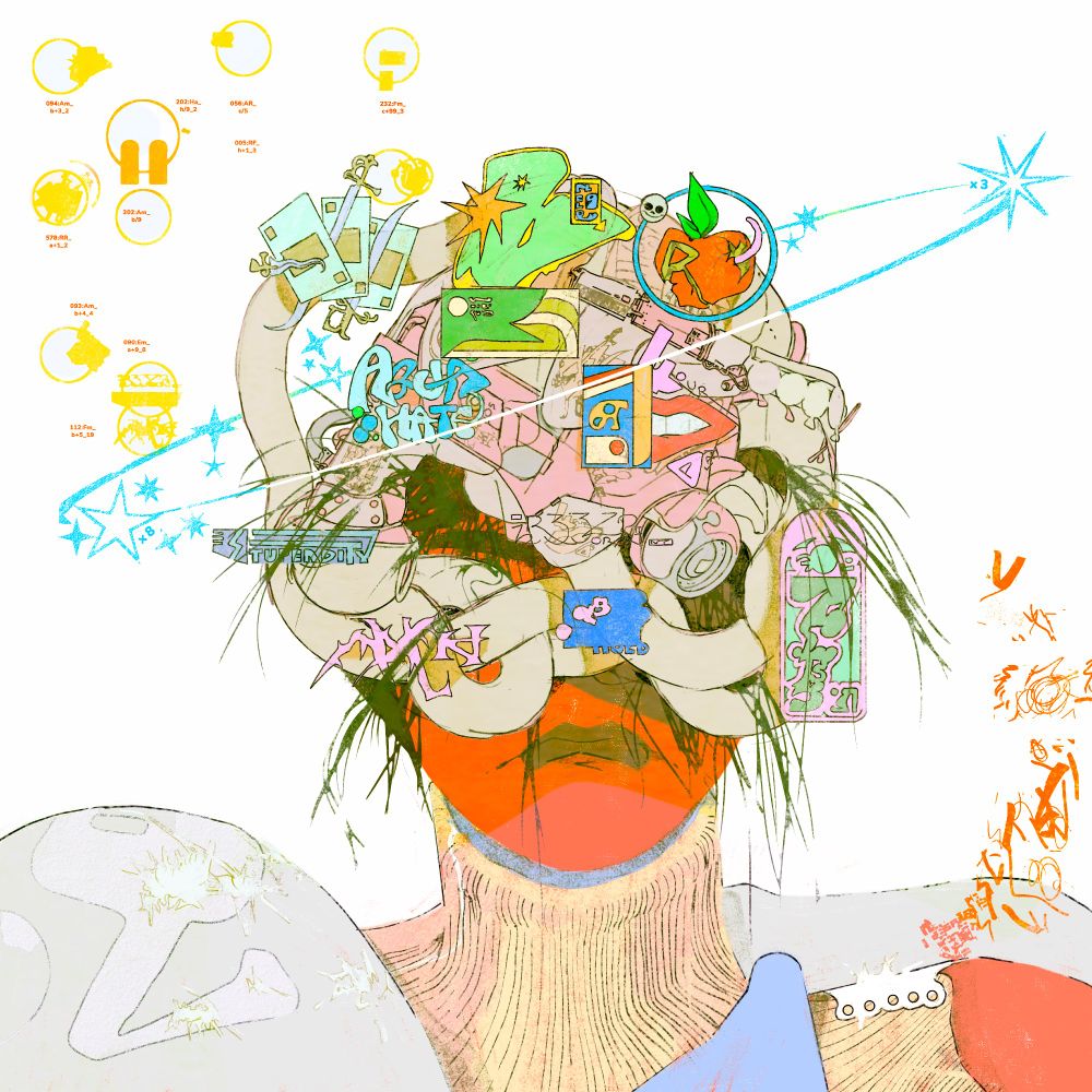 illustration of a person wearing a helmet that features a cacophony of logos and advertisements 