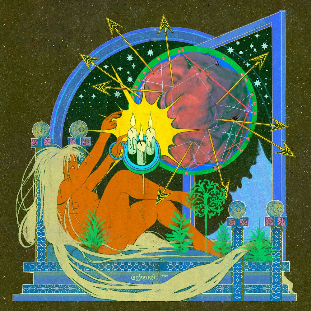 a dark starry background, and a blue room where a bed sit next to windows looking out to the night sky. Psyche lies naked on a patterned bedframe amongst plants, her white hair arching around to the foot of the bed. She  looks in wonder at Cupid - who is illuminated by the three candles she holds up. Cupid appears as a fleshy mass, strung within a halo, from which arrows eminate haphazardly.