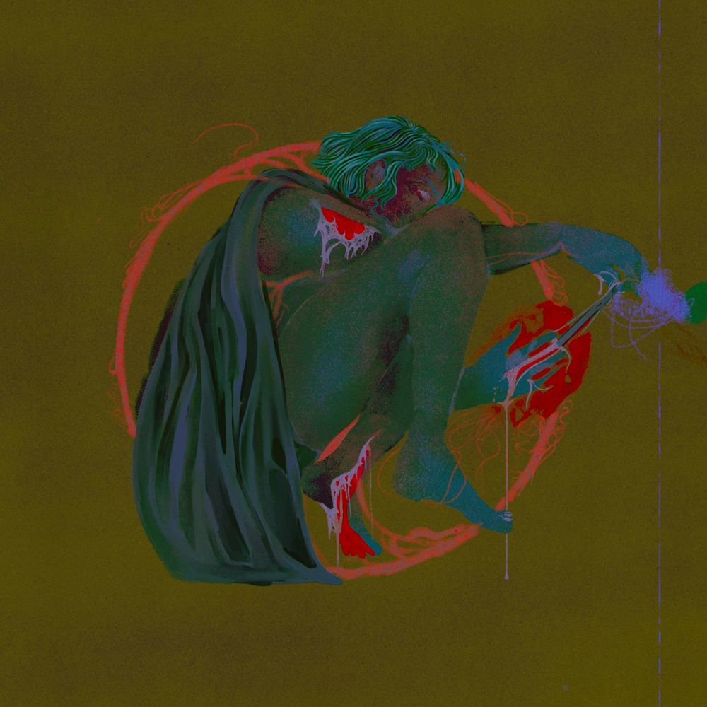 illustration of a cloaked figure peeling the skin off in patches, creating a circle of blood around themselves 
