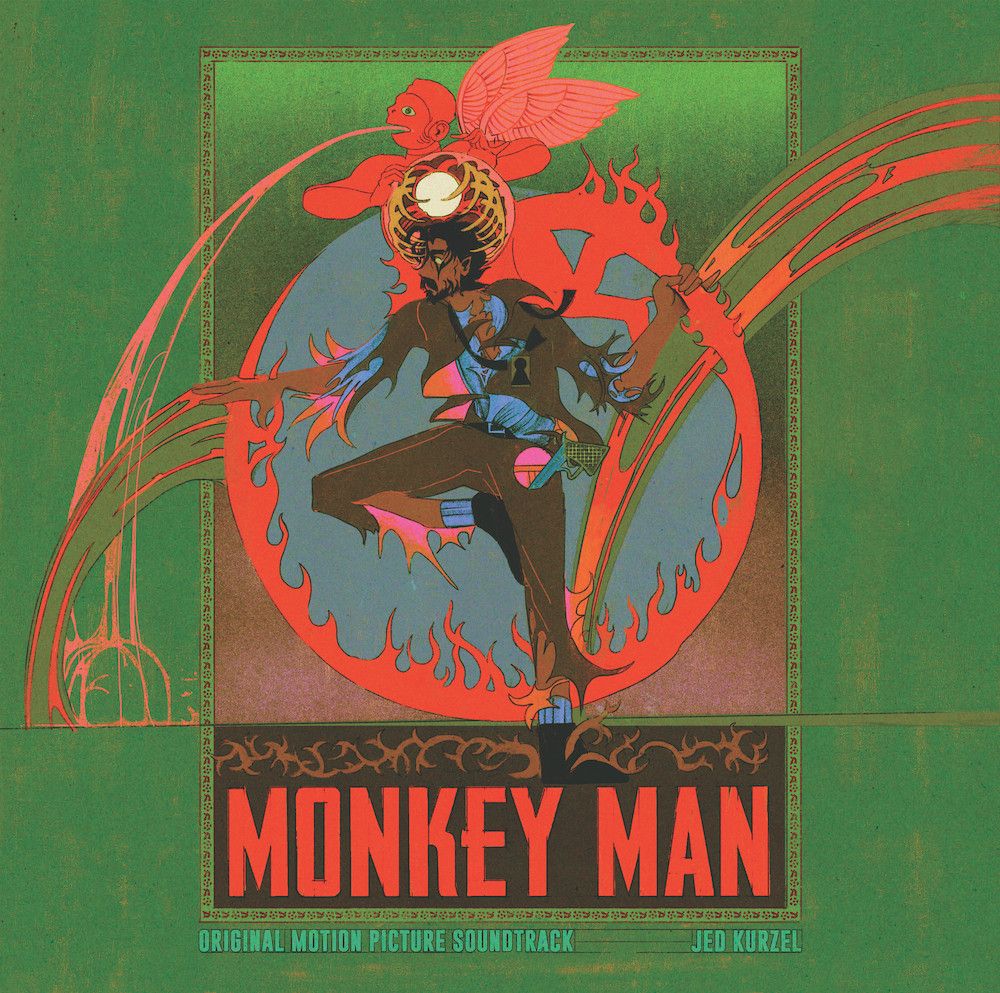 Illustrated cover to the monkey man soundtrack vinyl. The monkey god hanuman opens his ribcage out, behind Dev patel's head. Hanuman's tail is a flaming circle that frames the figures, which dev patel graps. There's flame, blood, fleshy vomit.