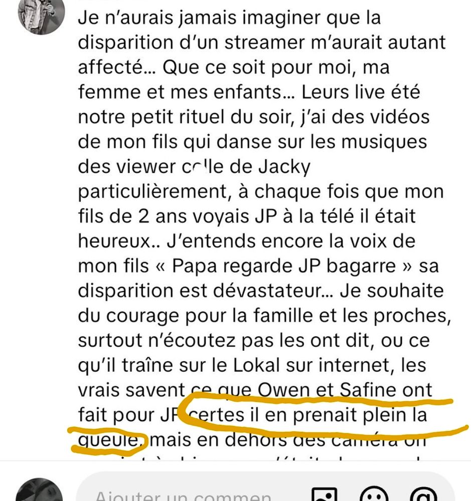 Message d’un spectateur qui explique qu’il regardait en famille le streaming où Jean Pormanove se faisait humilier au point de subir des violences physiques et psychologiques, considérant que ces violences faisaient simplement partie du programme...🤮