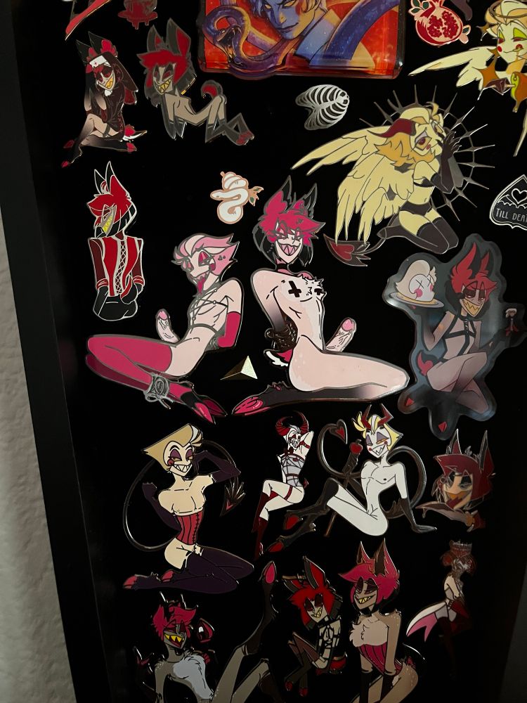 Velvet backed pin board with many pinup enamel pins of Alastor and Lucifer, focused on two pins with spring-attached erections