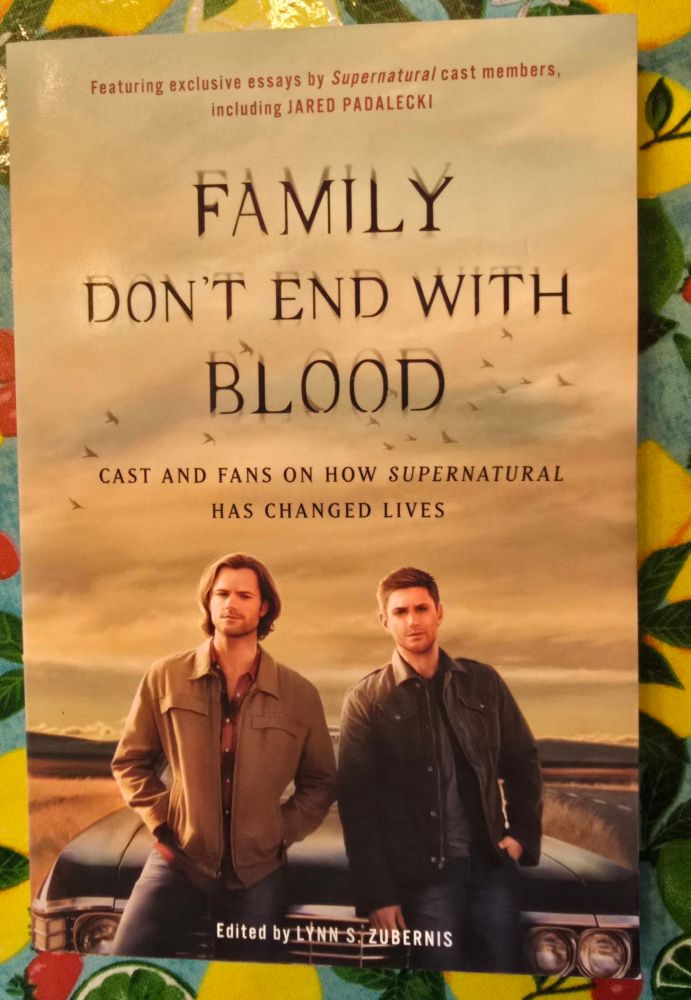 Cover of the book 'Family Don't End With Blood' with Jared Padalecki as Sam and Jensen Ackles as Dean leaning on the Impala