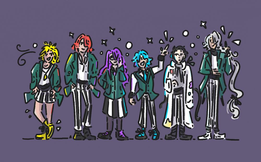 Digital art of the Pretty Boy Detective Club, standing in a row and wearing their usual school uniforms. Mayumi is wearing female attire and has long hair.