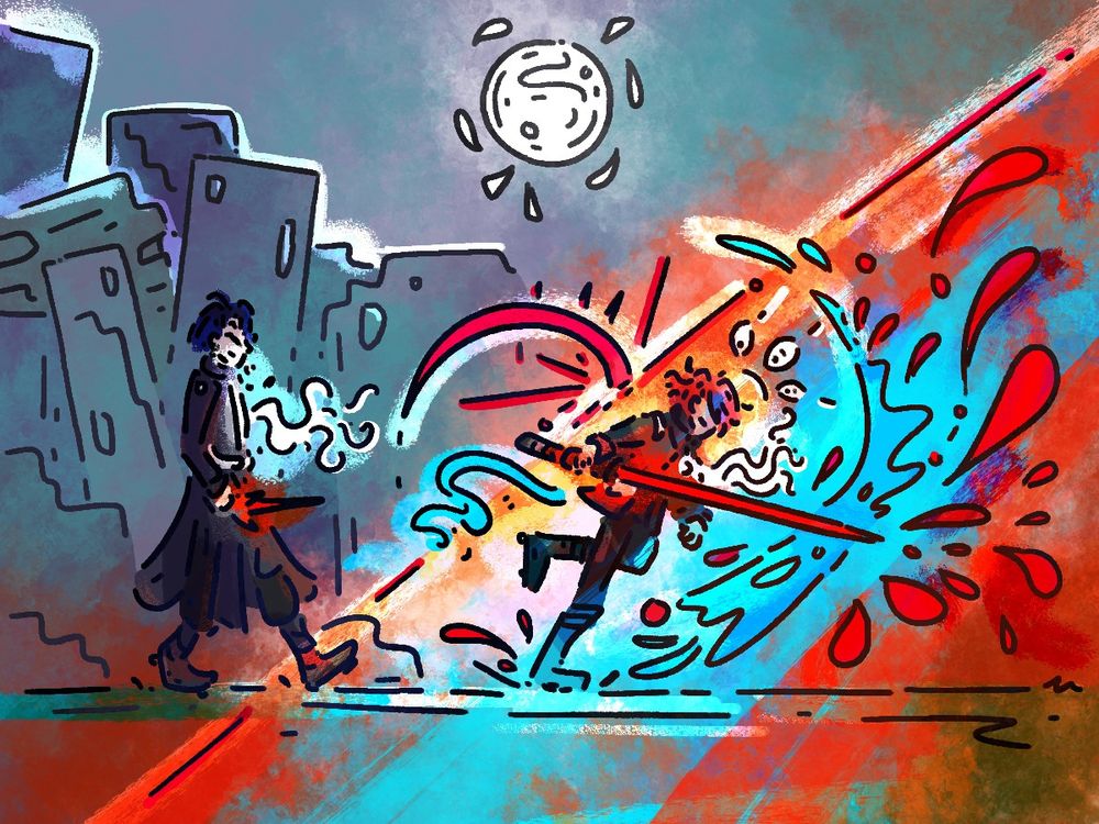 Takumi is charging ahead, his face and expression obscured by hair, and slashing out with his sword in an explosion of blue and red. Behind him, Yugamu is calmly following, looking unconcerned. The image is divided diagonally, with Yugamu's half depicting the destroyed residental district, with the  Artificial Satellite above. Takumi's is abstract vivid shades of more red and blue, with eyes watching him and a scythelike protrusion circling behind him.