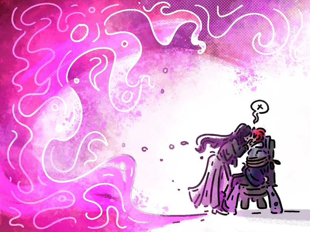  Hiroku leans forward to hold a tied-to-a-chair Takumi's face in one hand, kissing him. A speech bubble with a small 'x' above their heads denotes the kiss. Behind them, the world explodes into pink-and-violet flames.