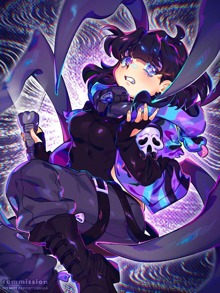 Digital illustration of a girl with a scared but determined look on her face. In her right hand she's holding a flashlight that's turned on. In her left hand is a small ghostface plush. There are multiple sharp claws coming out from behind her, ready to capture her.