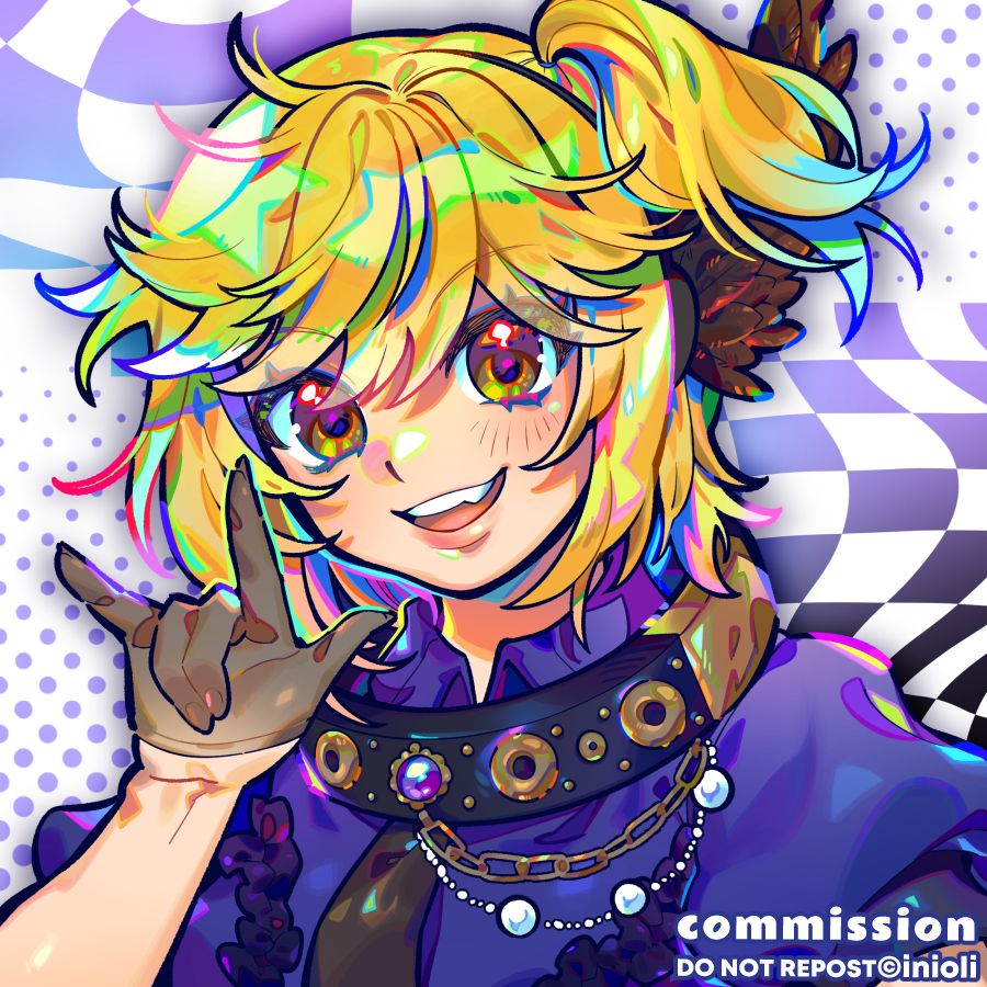 Digital headshot drawing of a blonde character smiling with her mouth open wide. She's wearing headphones with a wing on them.