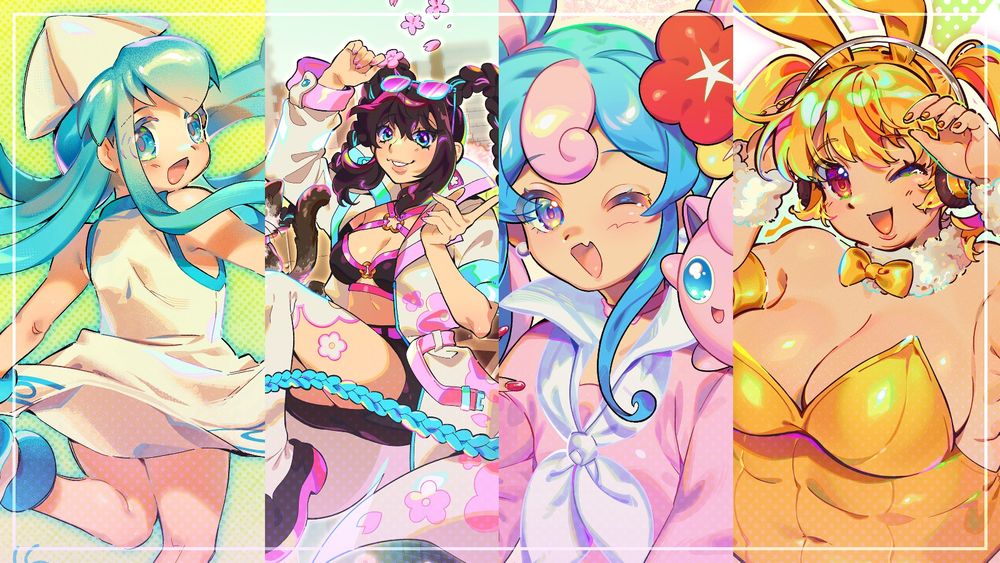 Image showing 4 more digital illustration. 
First illustration shows the back of a running squid girl. She's happy and looking towards the viewer.
The 2nd illustration shows a floating girl with long braids and a big coat with a flower pattern.
Third illustration shows Hatsune Miku with Jigglypuff on her shoulder.
Fourth illustration shows Super Pochaco holding hands next to her face. She is wearing a yellow bunny outfit.