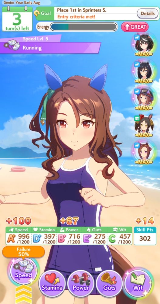 A screenshot of summer training in uma musume. It's showing a 50% possibility of failure for a training that gives 100 speed and 67 power points. 