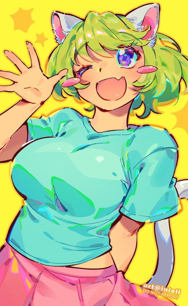 Digital drawing of Raku chan from Nyan Neko Sugar girls. She is winking and waving her hand while showing a wide open mouth smile.