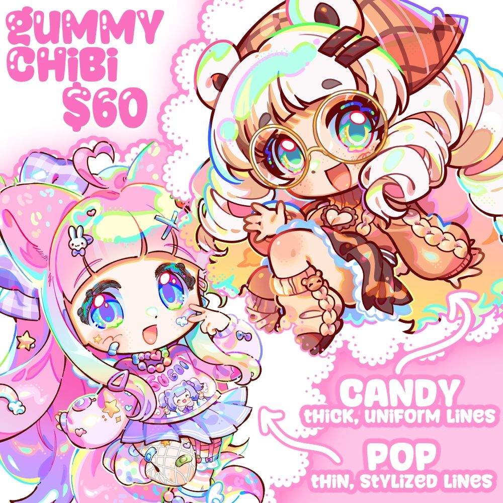 Image showing 2 digitally drawn chibis. Text on the top left says "gummy chibi $60." Text on the bottom right says "CANDY, thick, uniform lines" and "POP, thin stylized lines".