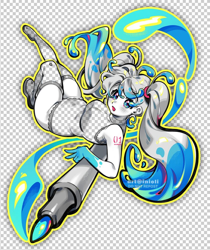 A digital drawing of Hatsune Miku laying on top of a big copic marker. The color scheme is limited to CMYK colors. Her hair is partially submerged in blue, her outfit is covered in a transparency grid. A bright yellow outlines the whole piece.