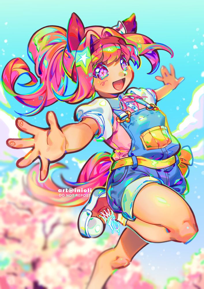 A digital illustration of Haru Urara running with her arms stretched wide out. She's smiling and looking at the viewer. The background is a blue sky with sakura trees in bloom.