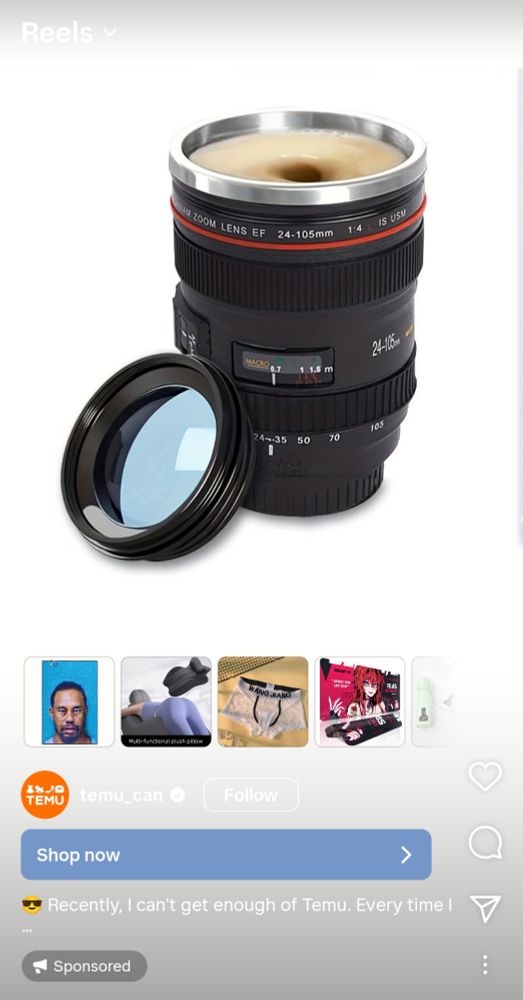 An Instagram Temu ad featuring what I believe is a fleshlight disguised as a camera lens