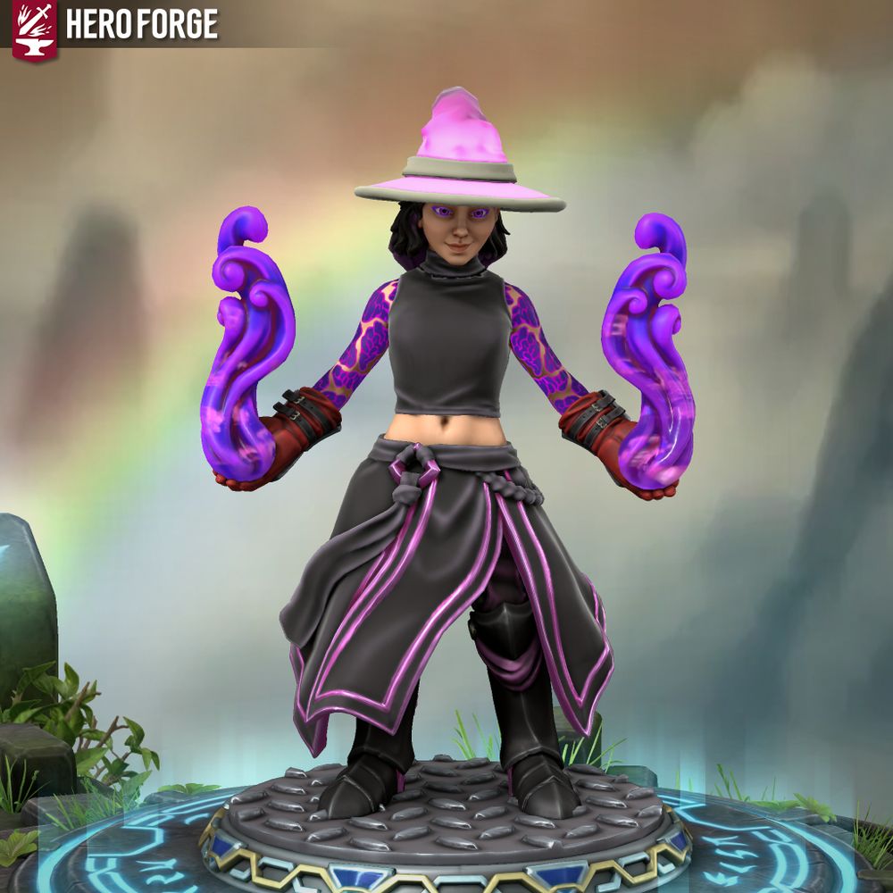 A human with bright purple and pink cloud tattoos, wearing a bright pink wizard hat with black hair and bright purple eyeliner. Wearing a black crop top, wearing a long black flowing drapes with pink metallic highlights. Wearing black cropped pants and black metallic knight boots with dark pink high lights. In both hands are red gloves with black straps holding purple pinkish smoke. The human is standing on a metallic textured base.