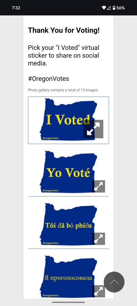 Stickers the shape of Oregon in blue with "I Voted" "Yo Voté" or other translations typed in yellow inside the state. 