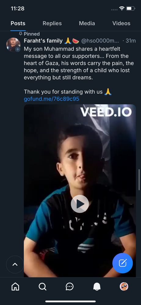 A post from @hso0000mm.bsky.social begging for donations with a video watermarked by veed.io, an AI video generation site. 