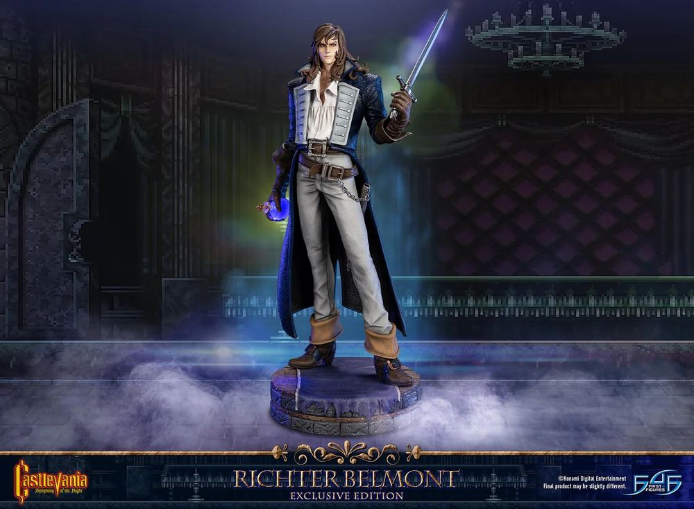 hello it's a richter belmont statue, he's holding the holy flask in one hand and a sword in the other