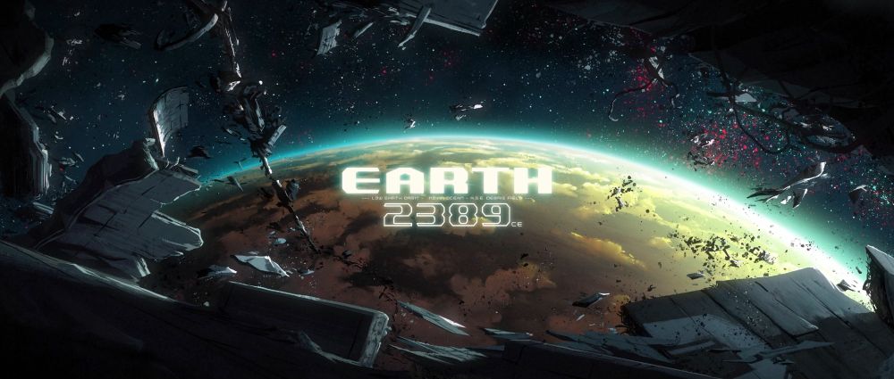The large scale debris of a space elevator is strewn in Earth orbit. The year is 2389. 
All art by Kellan Stover