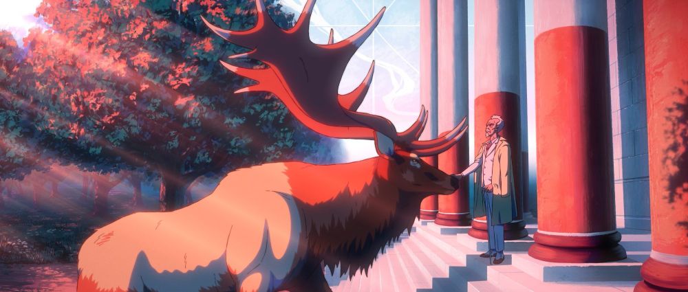 An extinct, now genetically reincarnated, massive elk greets a dapper old man on his lavish romantic portico by artificial dawn light. All art by Kellan Stover.