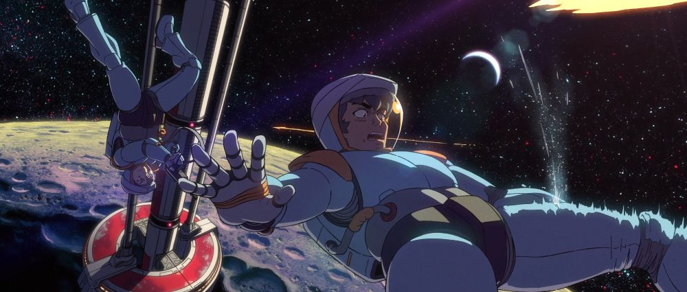 Our heroes flee pursuers in EVA suits in an attempt to hitch a ride to the Moon's surface on a moving space elevator. Animation by Miguel Montañez and Kellan Stover. BG by Kellan Stover.