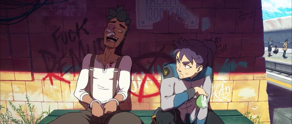 our protagonists share a bonding moment at a subway stop, bloodied and bruised from a recent tussle with bad guys. All art by Kellan Stover
