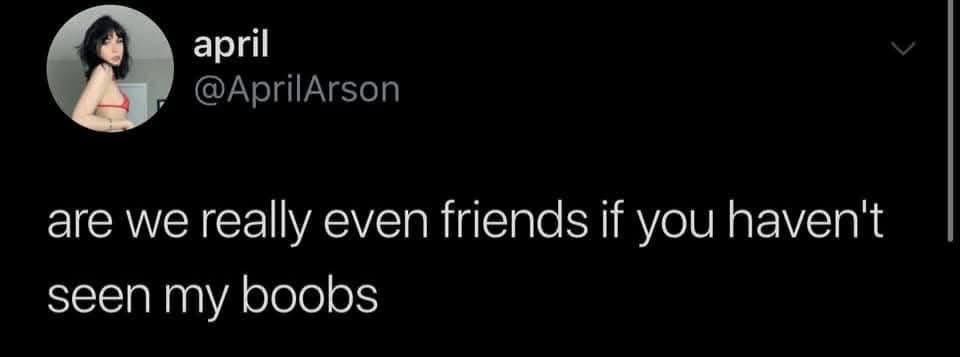 @AprilArson on Twitter says “are we really even friends if you haven’t seen my boobs”