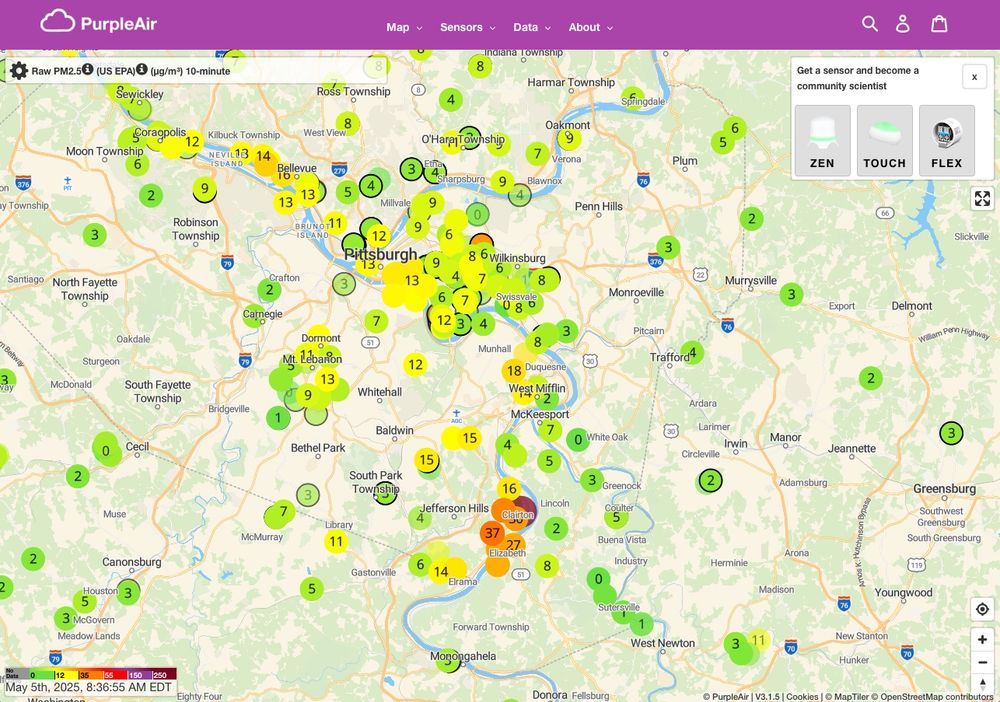 Map of PurpleAir air monitors showing orange monitors uniquely west and southwest of Clairton. Most of the rest of the monitors, including in the Pittsburgh area, appear to be yellow and orange. 