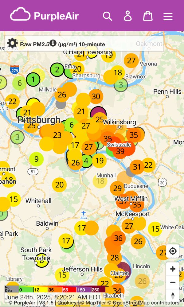 Purple air map of the Pittsburgh region showing elevated pollution from Clairton to Braddock.