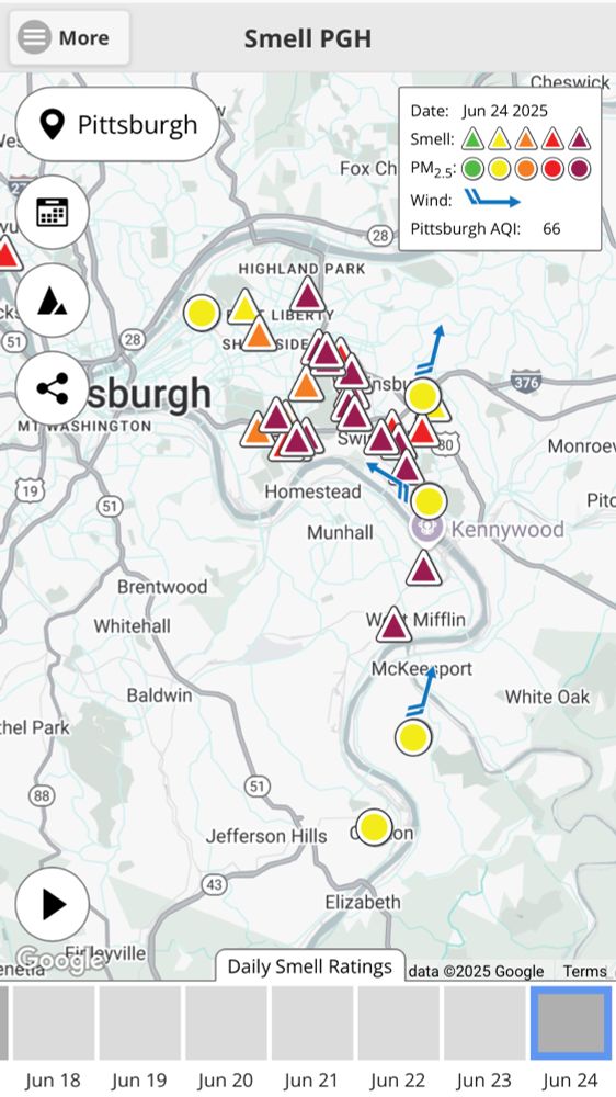 Smell Pgh map of the Pittsburgh region showing triangles indicating stench around the eastern side of the city.