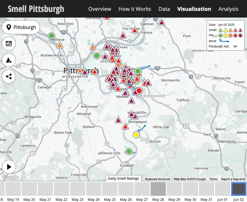 SmellPGH app screen shot showing triangles where people have reported smells in Allegheny County. Air quality monitors show air from green to yellow to red in the region.