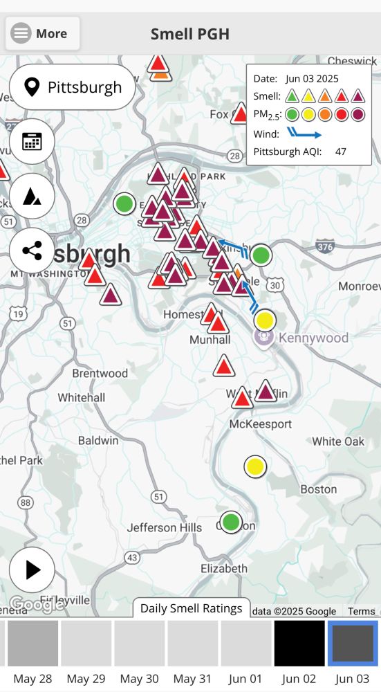 SmellPGH map showing many dark red triangles in Pittsburgh.