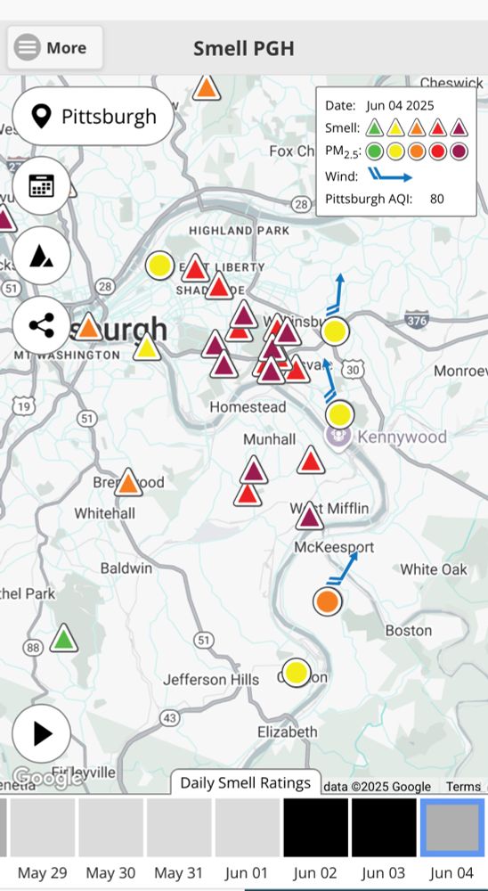 SmellPGH map of Allegheny County area in the Mon Valley with triangles where people smelled foul odors.