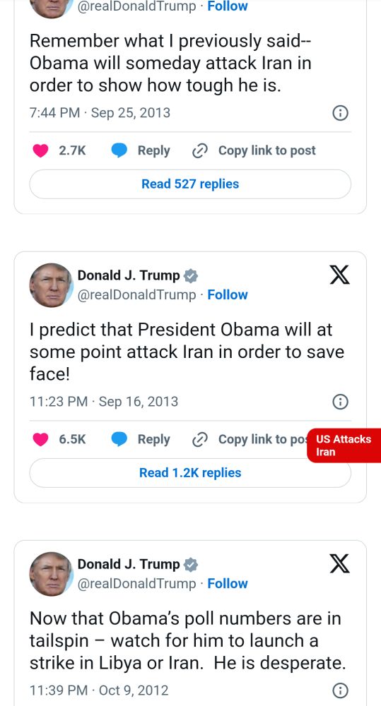 Screenshot of three of Donald Trump's old tweets where he is warning that Obama will start a war with Iran to stay in power