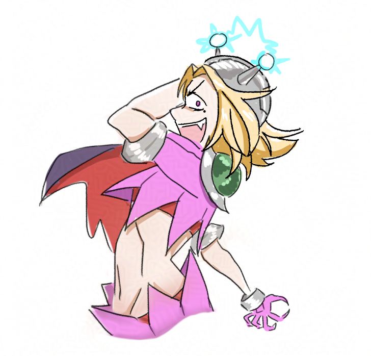 Upper body side view of blond alien overlord twink Katyclysmo striking a dramatic pose and laughing maniacally. His back is arched to exaggerate his bare midriff between his bright magenta crop top and low-cut pants. The large zig zag trim on his top and bottom provides the appearance of an open-mouthed monster. His red cape flows dramatically in the wind. Bright blue electricity flows between the two brain cell antennae on his metallic hat.