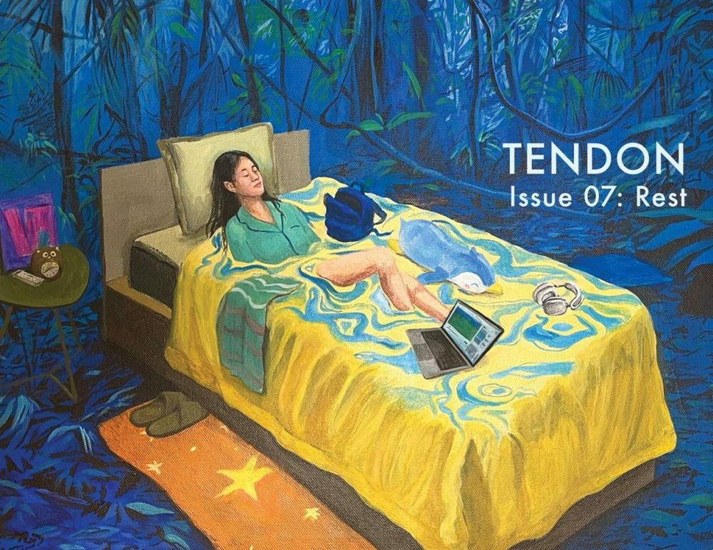 A woman melts into a bed, daily objects floating around her, and a blue forest of vines lurking in the background 