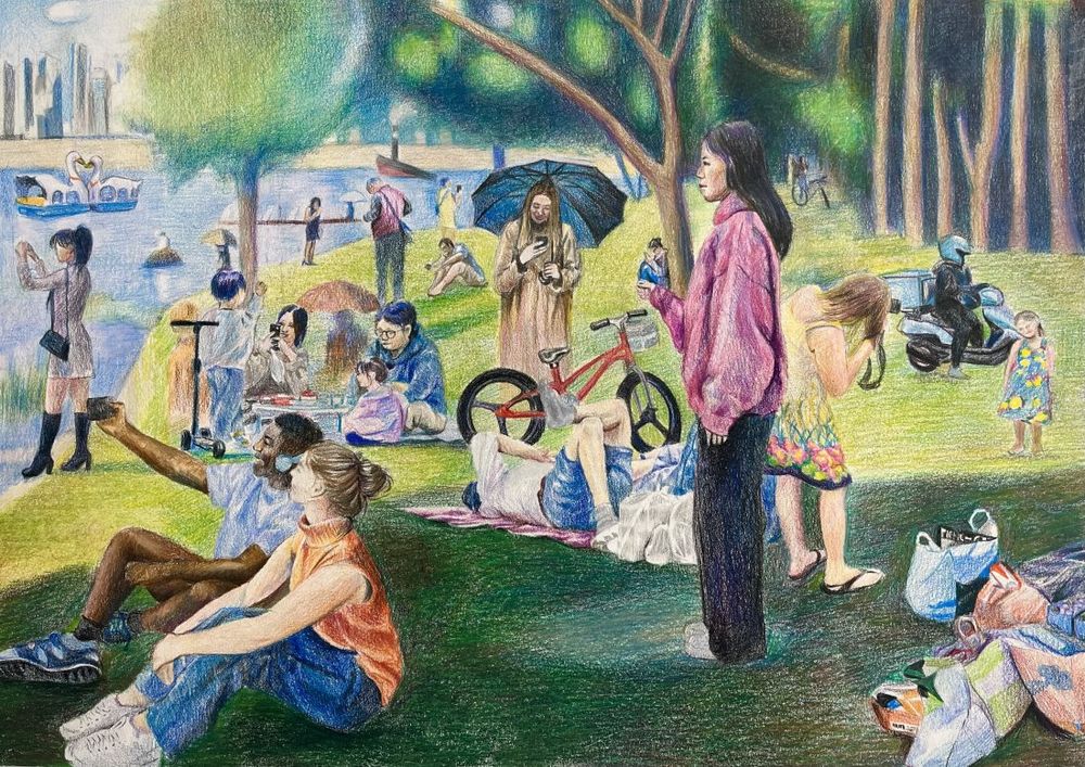 A painting of people gathered by the bank of the Han River, painted in the style of Georges Seurat’s A Sunday Afternoon on the Island of La Grande Jatte