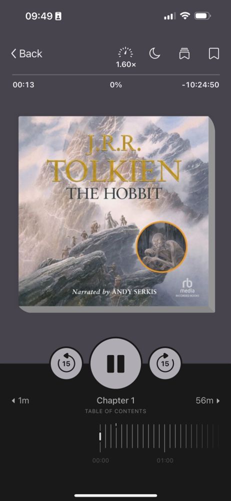 Screenshot of Libby app showing the user listening to The Hobbit by J.R.R. Tolkien