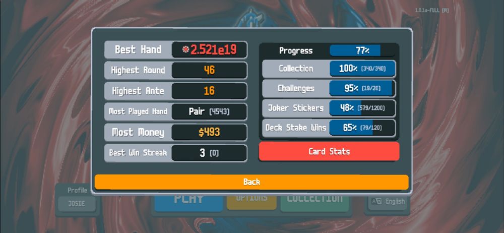 my balatro high score showing that i have spent wayyy too much time playing. 77% total progress and 65% of deck stake wins.
