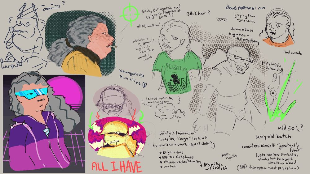 Sketches of (mostly) human Krubis. Top to bottom left to right:
1: rushed sketches of canon Krubis. in the biggest he looks a little nervous. there's also a simple "tbh creature" esque doodle of him smoking a blunt.
2:side profile of human!Krubis smoking. he wears a yellow carhartt jacket here. He seems vaguely peeved.
3 bottom left:  vaporware inspired drawing. Krubis's visor is blue instead of pink + he wears a pink and purple windbreaker with spikes lining the shoulder. Its zipper is a charm shaped like a drill. his hair is down. the background is typical vaporware iconography in the form of a glitchy pink setting sun and a grid over a dark purple-grey background
4: proof of concept "comic". First panel with muted pink shade of Krubis crying with his eyes obscured. the second is brightly colored a light yellow, hot pink and neon purple, showing him gritting his teeth in rage as he continues to cry . one of his eyes is now visible and it is clear he is very angry. 
5: top middle + right. Two sketches of Krubis looking vaguely uncomfortable or upset, one in a green Godzilla shirt and one in orange. 
6: small sketch of krubis thinking "i should watch the matrix again"
7: a sketch of human Krubis with a drill arm still. the only drawing here in which he smiles. he mauls an unseen party with green blood
text around right side reads: black, but light skinned (pigment disorder of sorts?) 3B/C hair? greying from age and stress. skinnier due to drug abuse - but very flabby. bad overbite. ponytail to mirror drill
big kaiju -- tokusatsu in general? -- fan esp the older movies. his anger eats him alive.
mid 50's? scary old butch. poor health considers himself "genetically fubar" due to various disabilities + looks he's self concious about. (BAD dysmorphia+self perception. poor health. utility>fashion but loves the rough look of his uniform + work+ sport clothing. likes bright colors, 80's 90's style/ insp, athleisure+ outdoorsy, comfort, spikes and drills.
