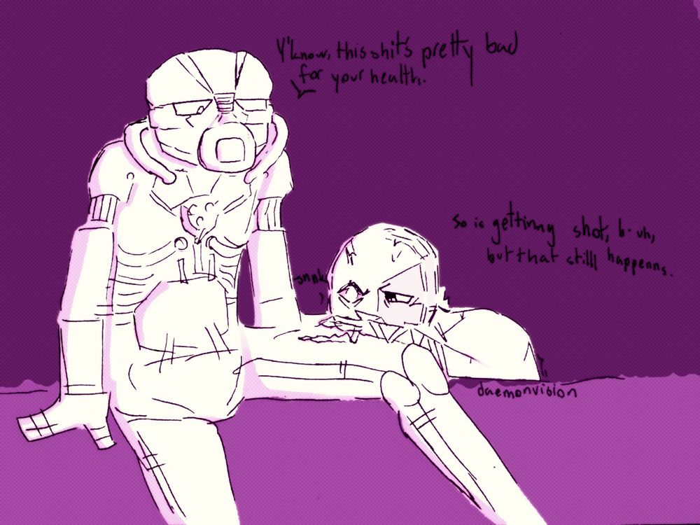 The original sketch from 2021. The same subject matter of strength snorting cocaine off of chariot, but in a much more cartoonish style. Chariot seems a lot more disapproving of strength's actions here.
text reads:
chariot: y'know, this shit's pretty bad for your health.
strength: so is getting shot, b- uh, but that still happens
the background is purple and the subject matter is closer to ivory in coloration