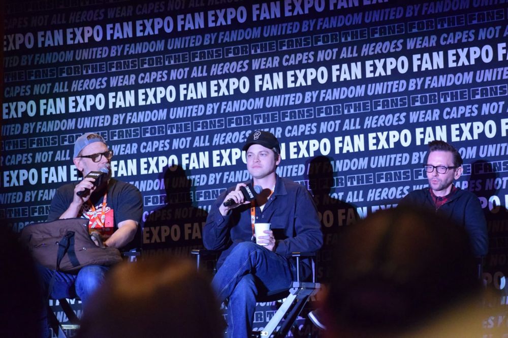 Alex Calvert, DJ Qualls, and Mark Pellegrino on stage for Supernatural panel.